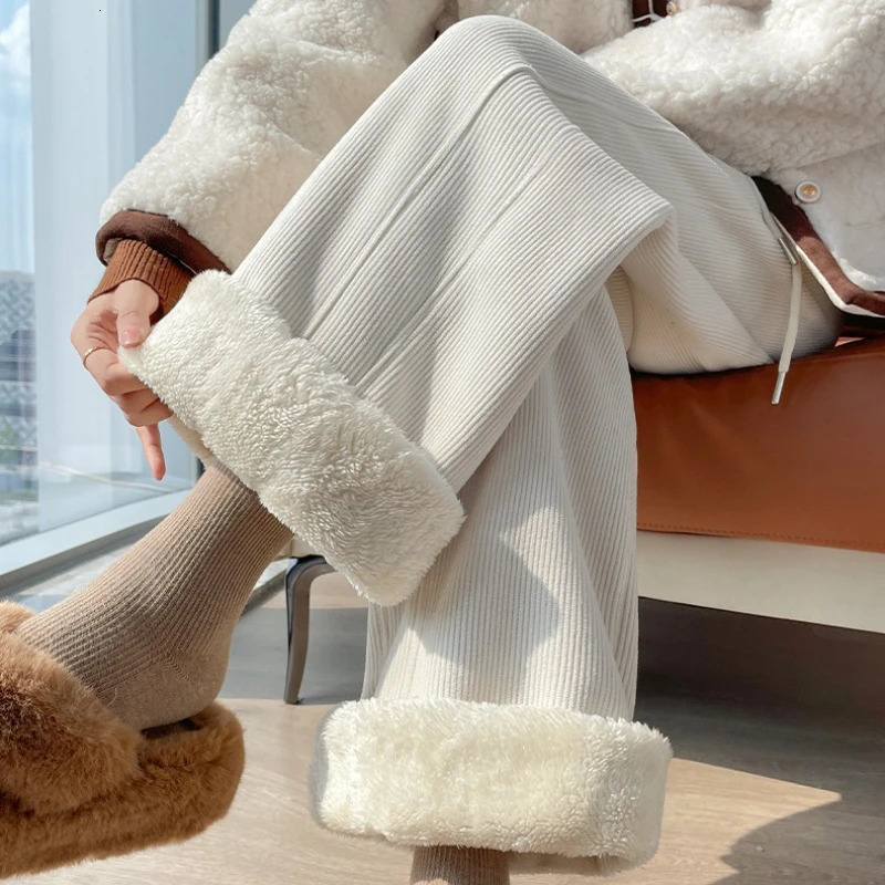 High Waist Warm Trousers Fashion Winter Fleece Thickened Womens Pants Solid Color Loose Elastic Straight Casual 251017