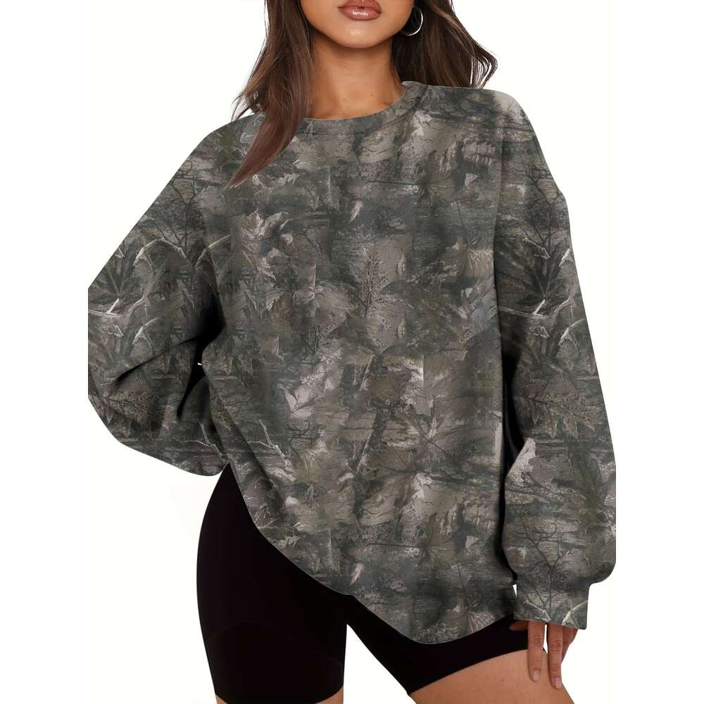 Women's Oversized Camo Sweatshirt - Long Sleeve, Loose Fit, Green & Black Leaf Pattern, Pullover With Ribbed Cuffs, All-Season Comfort, Casual We