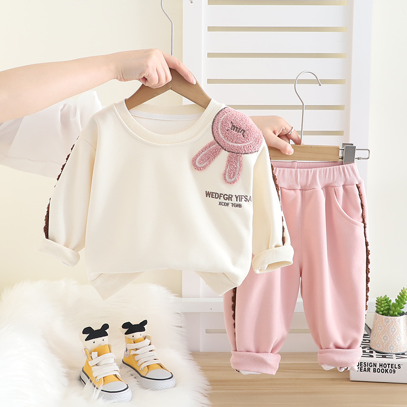 Girls' Set Spring and Autumn 2025 New Style Western Girl Baby Autumn Edition Rabbit Ear Hoodie Children's Clothing Spring Clothing free ship