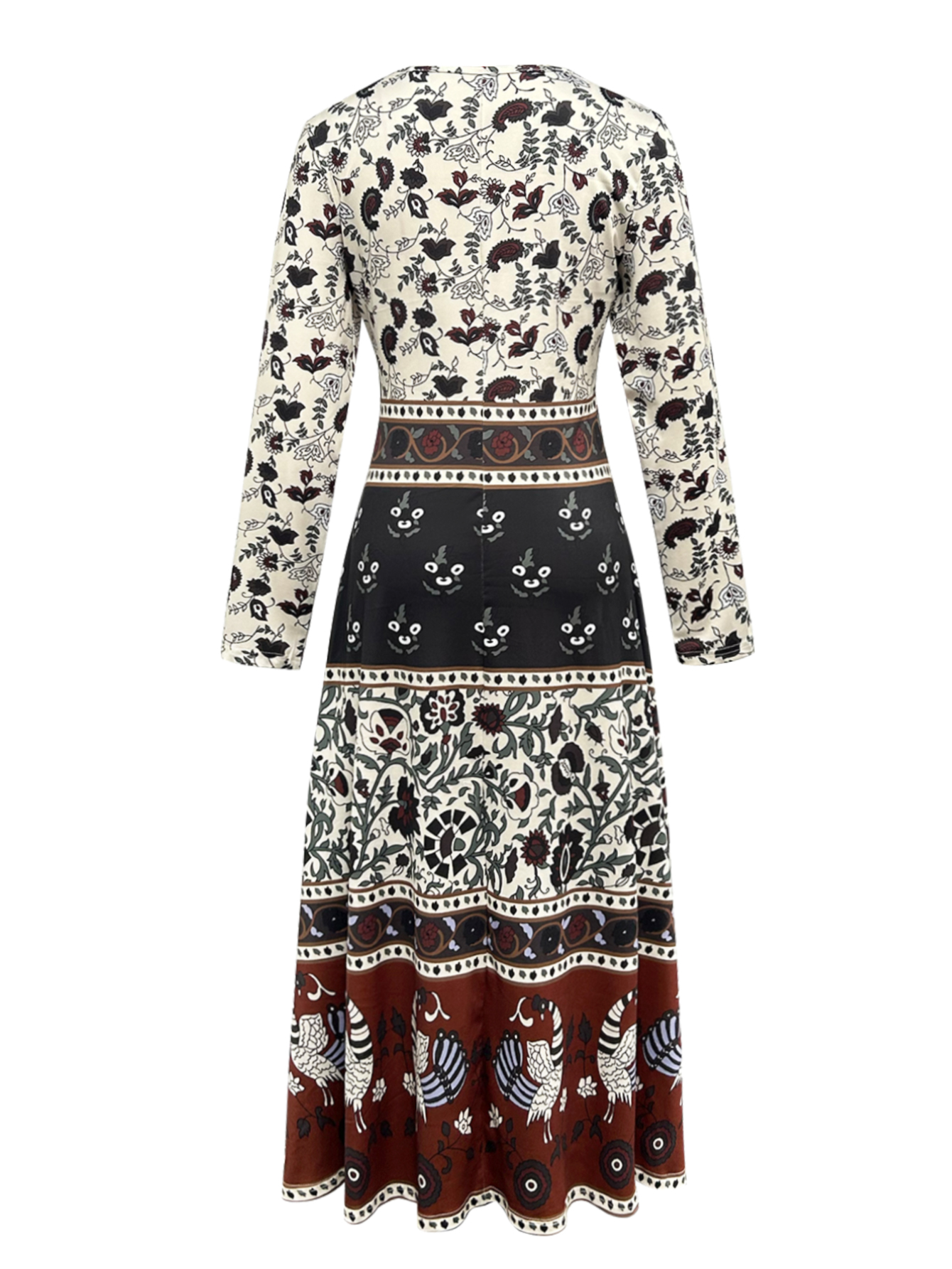 Women's Autumn Winter Retro Ethnic Floral Print Midi Dress - Versatile Casual Party Elegant Dress-CF56314