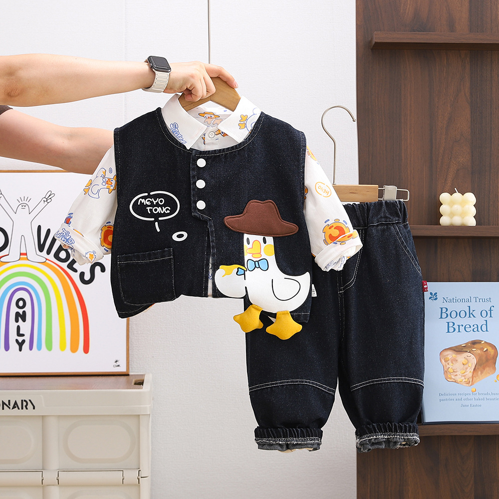 Boys' autumn fashion western-style set, children's 2025 new spring and autumn style cartoon duck cowboy vest three piece set, boys' bab