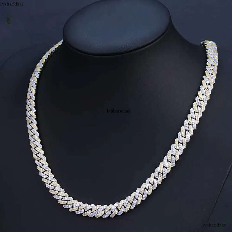 Yu Ying Pass Dia Test 12mm Wide 2Rows Cuban Link Sier Hip Hop VVS Moissanite Chain Mens Jewelry