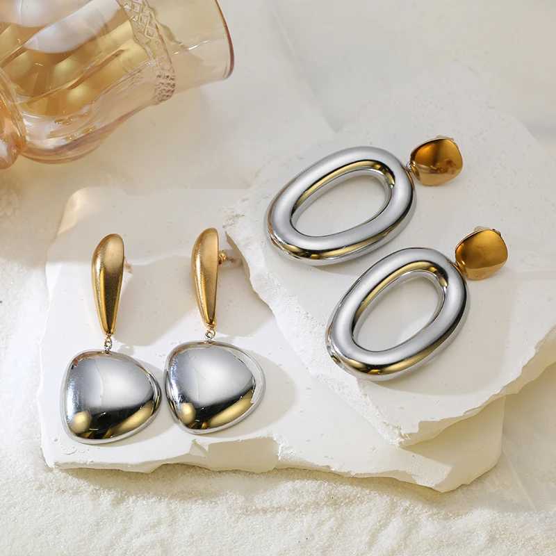 GANEMLY 316L Stainless Steel Geometric Two Color Pendant Earrings For Women Charm Metal Texture Waterproof Ear Dangle Jewelry Y251018