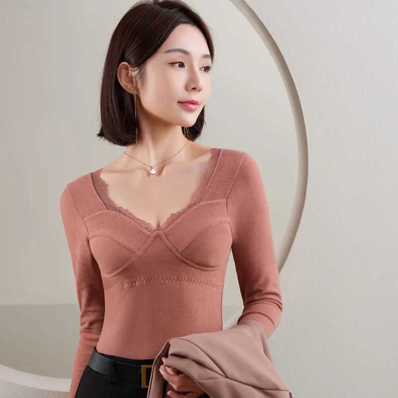 Autumn Winter Sexy Lace Large Cup One Piece Warm Coat Long Sleeve Bottom Top for Women Wearless Bra And Warm Top T251018