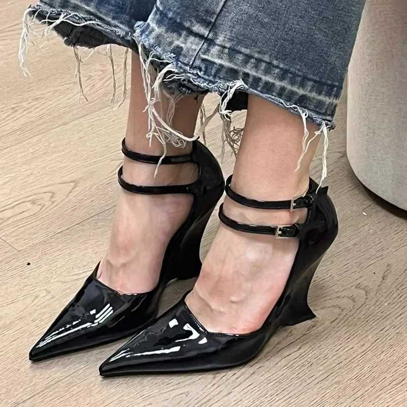 Elegant Red Patent Leather Wedges High Heels Women Sexy Pointed Toe Pumps Fashion Double Buckle Strap Ladies Party Dress Shoes Z251015