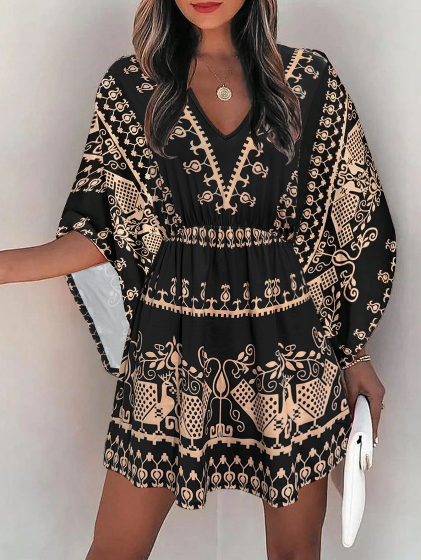 Women's Spring Autumn Retro Ethnic Flare Sleeve Dress - Casual Vacation Loose Waist Dress-CF53921