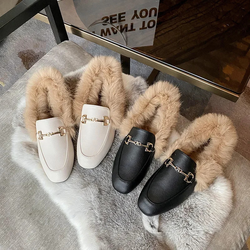 Autumn Winter Loafers Women Rabbit Fur Booties Slipon Ankle Boots Flat Botas De Mujer Plush Warm Boot British Leather Shoes 251013
