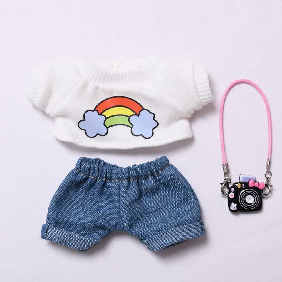 Plush Doll Clothes 17cm For Labubu Clothing Designer Rainbow White T Jeans Doll Clothes Set With Hat Glasses Toy AccessoriesT251018