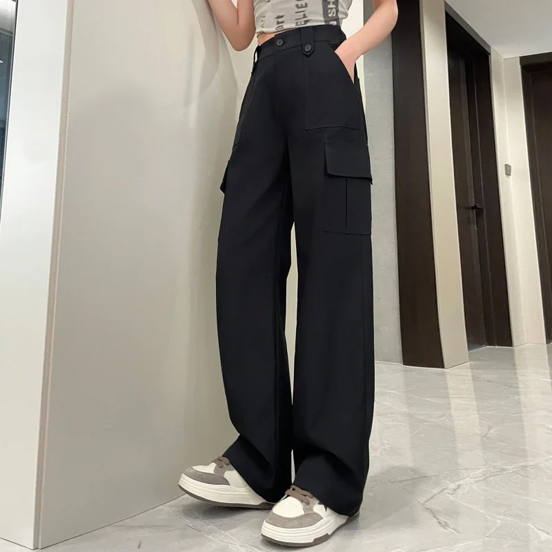 Spring Summer Vintage Loose Cargo Womens Wide Leg Full Pants High Waist Solid Female Elegant Straight Casual Trousers 251017