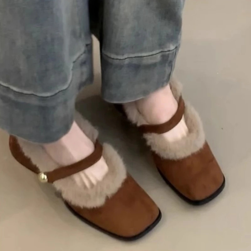 Furry Womens Mary Janes Shoes High Heels Square Toe Plush Snow Boots Winter Warm Cotton Shoes Elegant Pumps Mujer Zapatos 251013