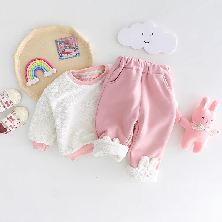 2025 Baby Clothes with Velvet Set for Female Baby Autumn/Winter Casual Rainbow Bear Hoodie Two Piece Set for Girls free shipping