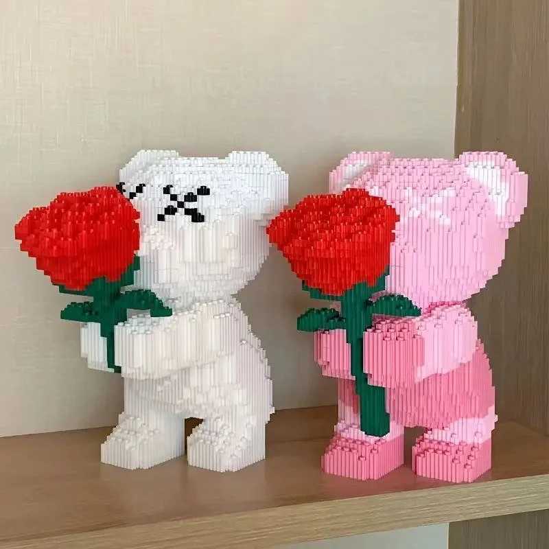 Cute Pink Flower Rose 3D Bear Micro Building Block Toy Educational Toy For Kids Couple Gift Desktop Home Decorations L251016IOMG
