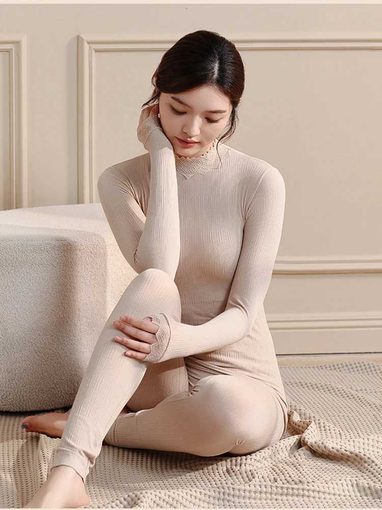 Autumn and Winter Thermal Underwear Sets for Women Midhigh Collar High Stretch Base Thin Velvet Tops Trousers Seamless Lingerie T251018
