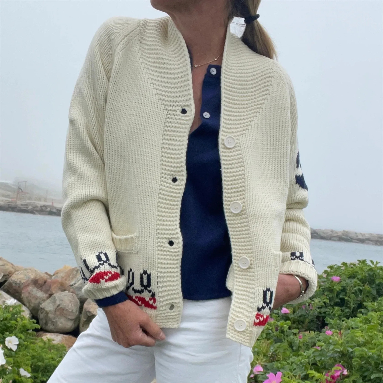 Fashion Women Shawl Collar Cardigan Sweater Lobster Print Long Sleeve Button Down Jumper Tops Vintage Chunky Knit Coat 251009