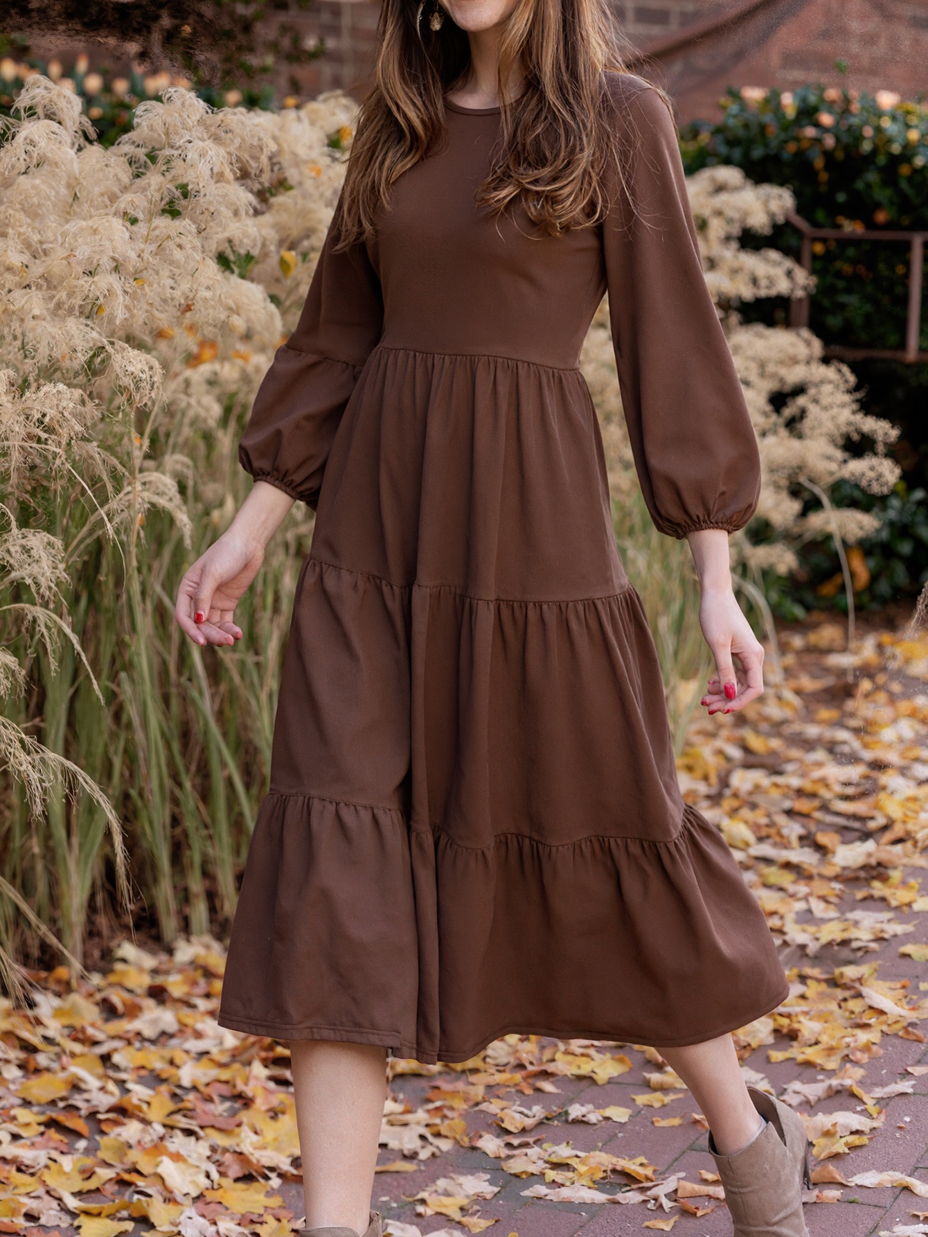 Women's Autumn Winter Solid Color Midi Dress - Fashion Vacation Round Neck Long Sleeve Dress-CF55122