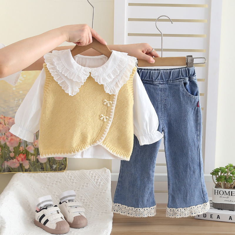 2025 Autumn New Girl Baby Children's Clothing Bow Set Lace Sweater Set Three Piece Set Trendy free shipping