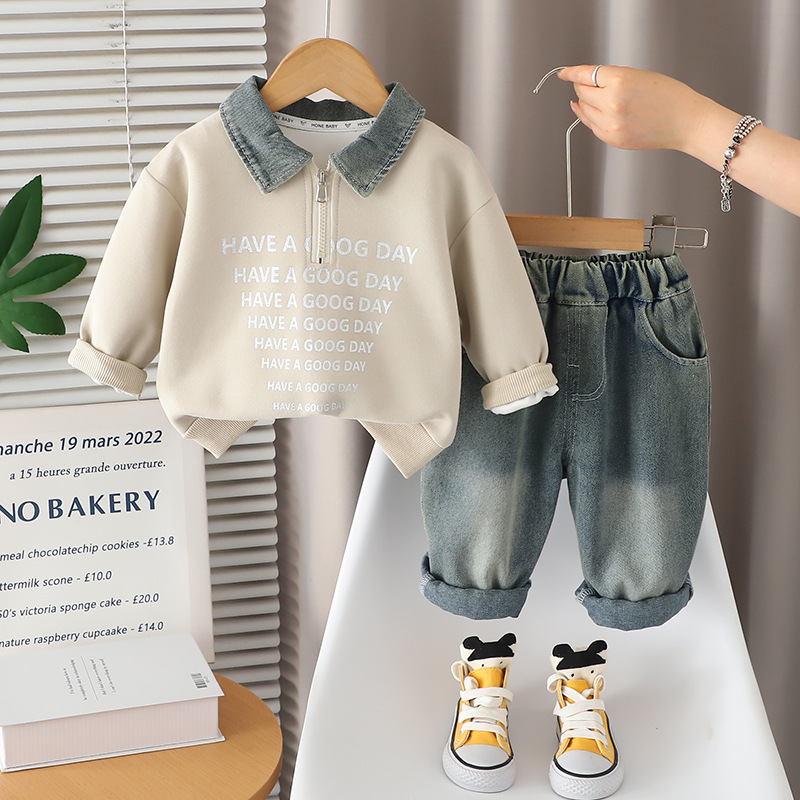 Boys' autumn outfit set with half zipper denim collar, baby polo, baby and children's two-piece set, new stylish spring and autumn hoodie