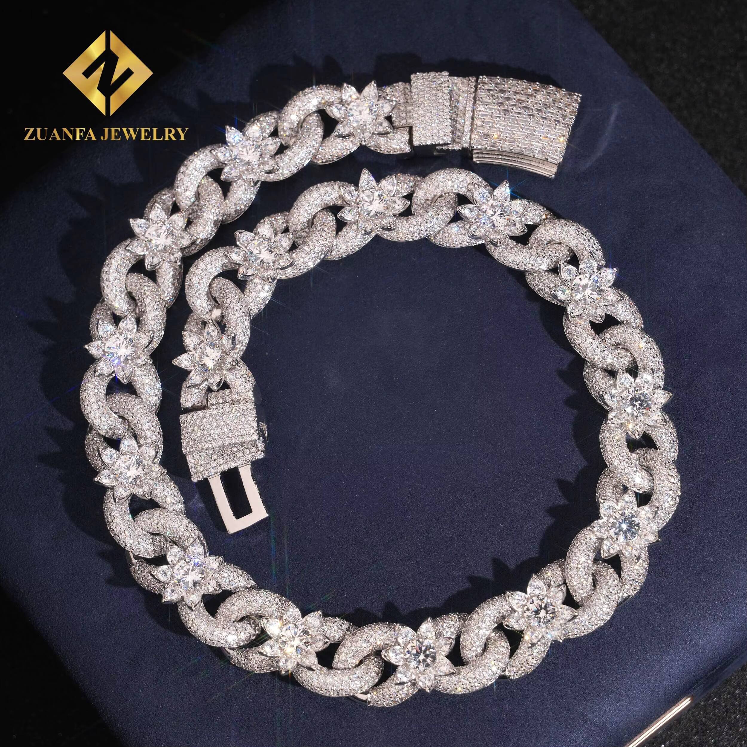 18mm Cuban Link Chain Infinity Flowers for Men Miami Necklace Iced Out Hip Hop Jewelry in 925 Silver Moissanite Diamond Mosaic