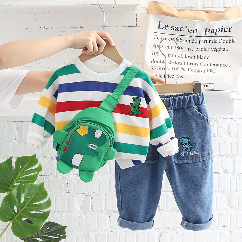 Children's male and female baby 2025 autumn clothing boys' set striped round neck jeans two-piece set with bag