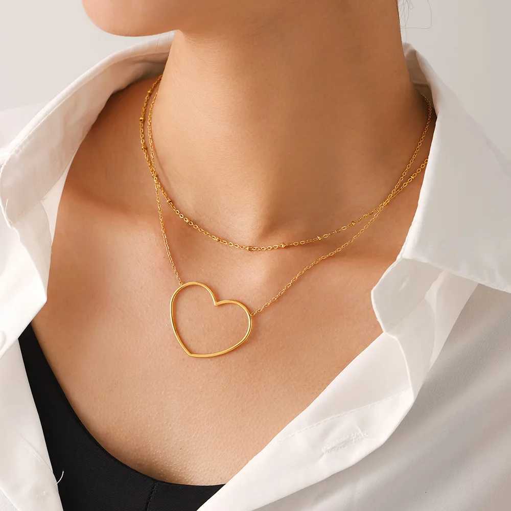 Women Simple Big Heart Love Pendant Choker Necklace Gold Plated 2 Strings Punk Clavicle Chain Jewelry Gift WholesaleXJ251018