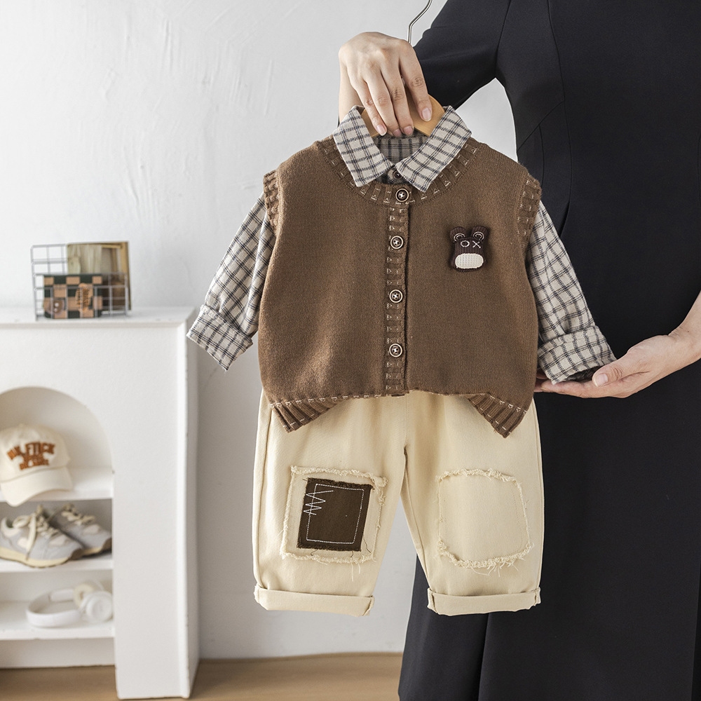 Boys' Spring and Autumn Set 2025 New Style Children's Western Style Baby Bear Head Cardigan Sweater 3-Piece Set Trendy free shipping designe