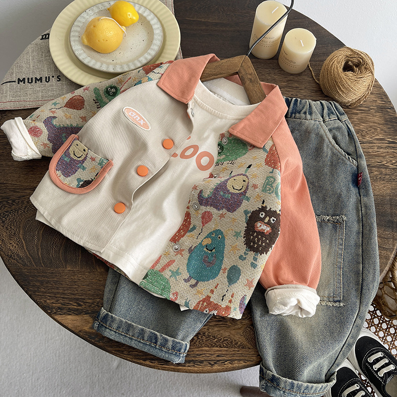 Boys' Set Spring and Autumn 2025 New Collection Children's Baby Autumn Clothing Boys' Cartoon Cute Jacket Three Piece Set free shipping