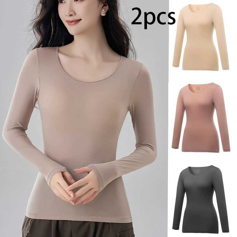 2pcs Womens Ultrathin Thermal Underwear High elasticity Plus Size Constant Temperature Seamless Long Sleeve Bottoming Tops T251018