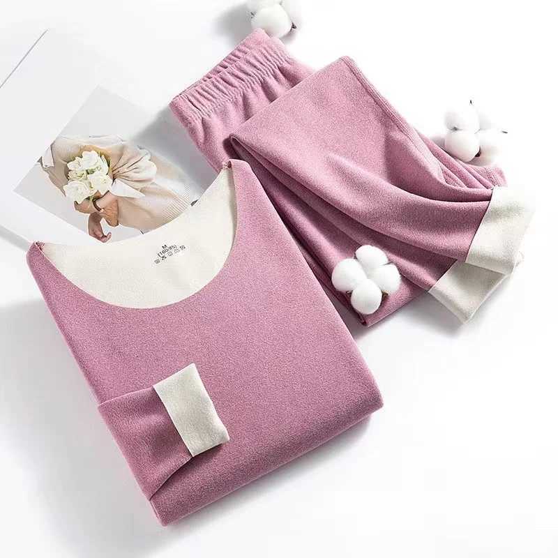 1Set Winter Women Thermal Underwear Lady Long Sleeve Bottoming Tops Set Seamless Warm Lingerie Female Doublesided Sleepwear Set T251018
