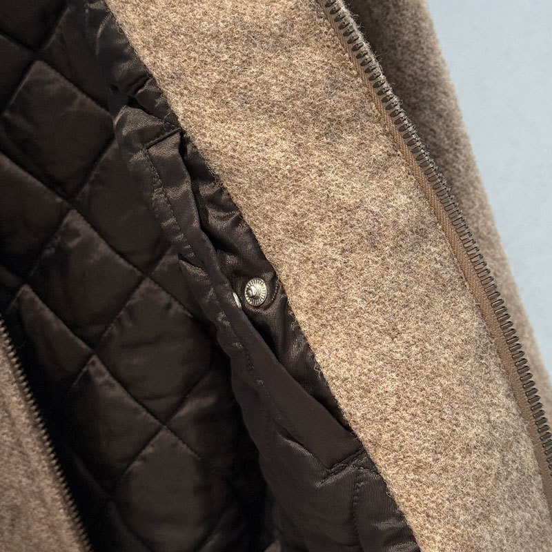 Luxury Designer Women's Shearling Cotton Blend Zip Up Coat Chic Wool Notch Collar Long Sleeve Loose Jacket Winter Warm Letter Embroidery Two Pock