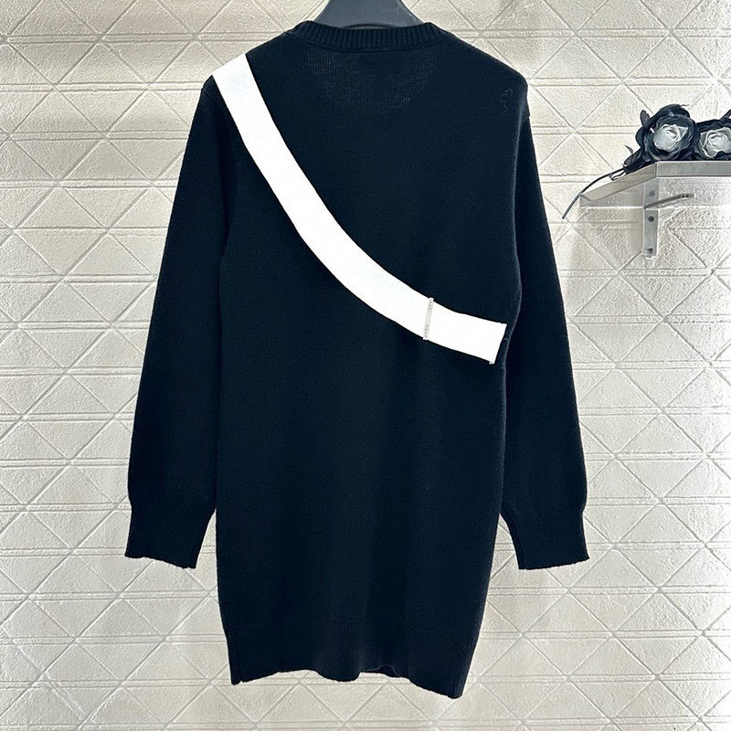 Chan New Women Designer Cashmere Blend Sweater Dresses Simple High Quality Long Sleeve Bow Black Sweater Fashion Paris Runway Elegant Long Pullover Cl