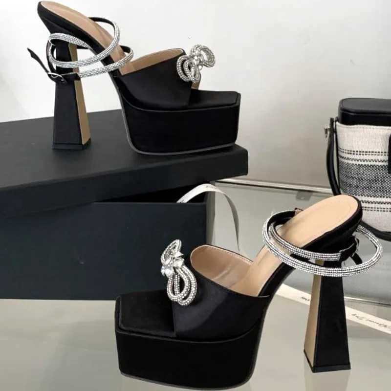 Luxury Rhinestone Bow Women Sandals Satin Square Toe Open Toe Super High Heel Sandal Summer Fashion Party Belt Buckle Dress Shoe Z251015