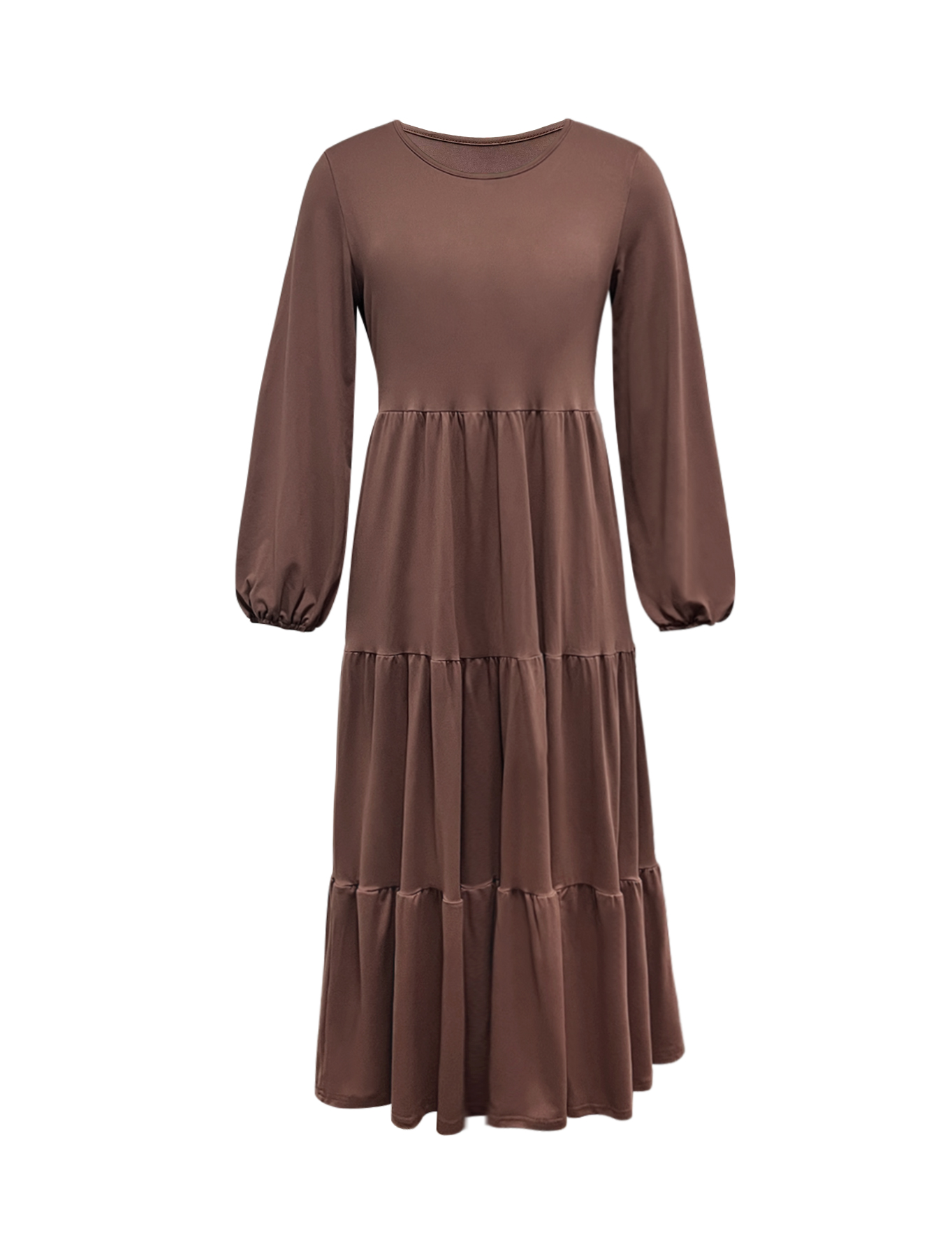 Women's Autumn Winter Solid Color Midi Dress - Fashion Vacation Round Neck Long Sleeve Dress-CF55122