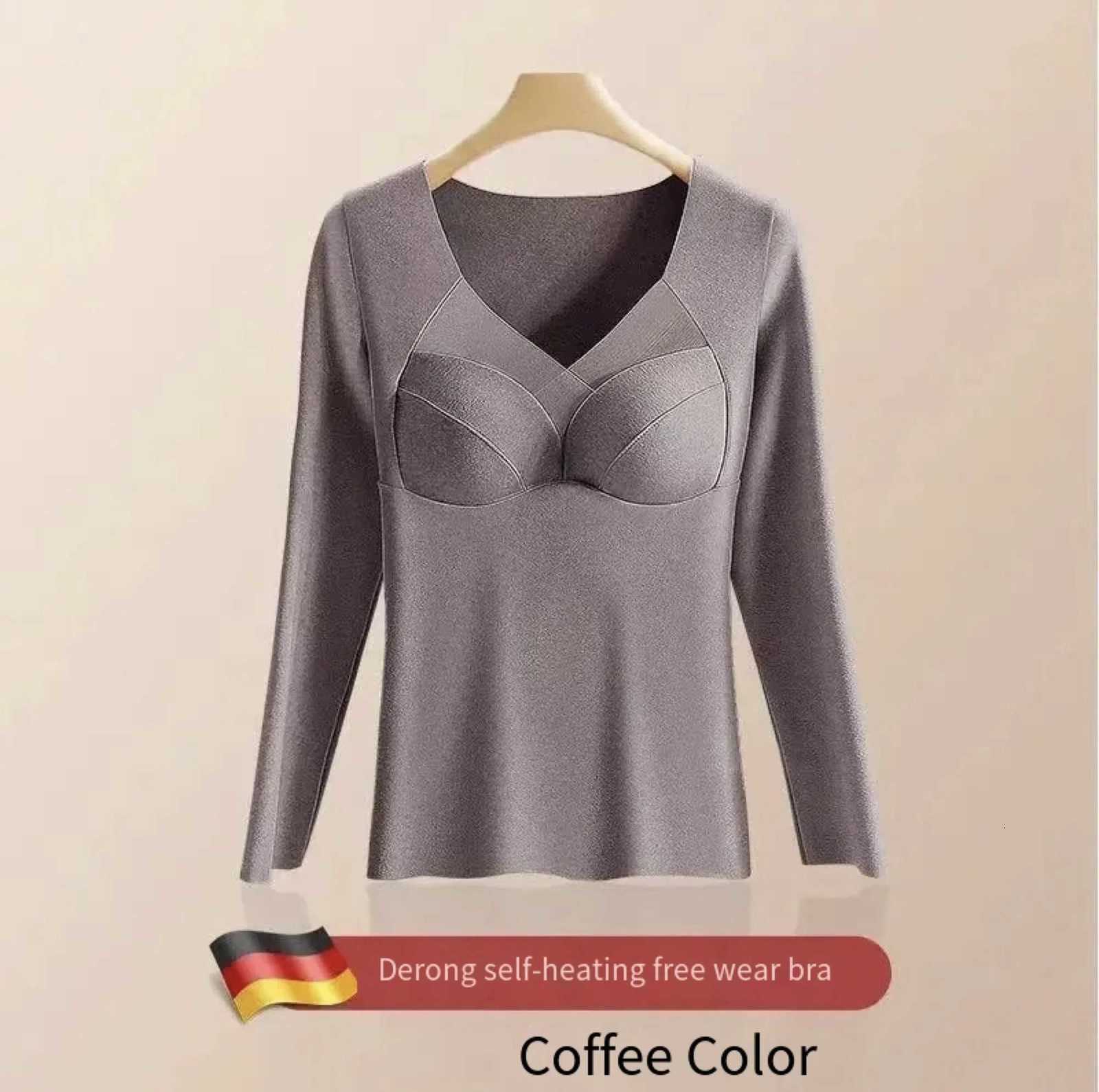 Women Thermal Underwear Plus Size Fixed Cup Autumn Winter Stretchy Longsleeved Vneck Padded Tshirt Thick Top Female Lingerie T251018