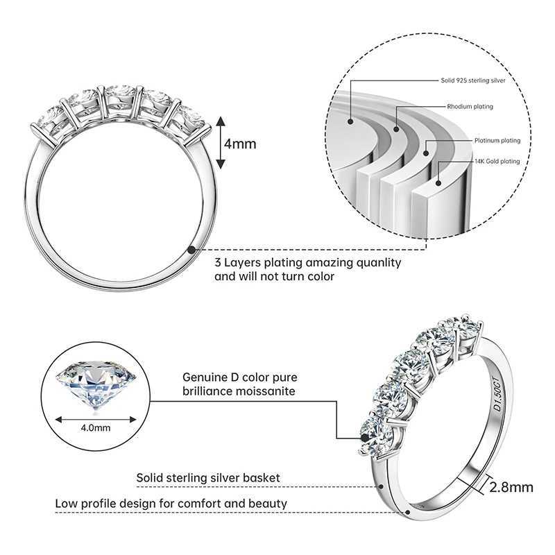 IOGOU 5 Stone Engagement Ring 4mm D Moissanite Half Eternity Wedding Band Anniversary Rings for Women Silver 925 Fine JewelryW251018