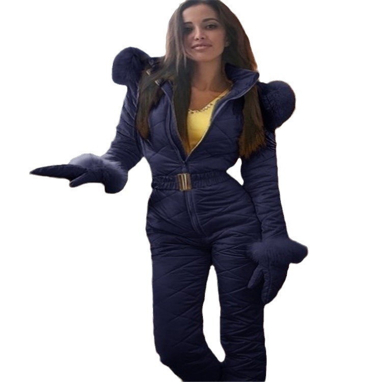 Fashion Winter Womens Hooded Jumpsuits Parka Cotton Padded Warm Sashes Ski Suit Straight Zipper One Piece Casual Tracksuits 240822