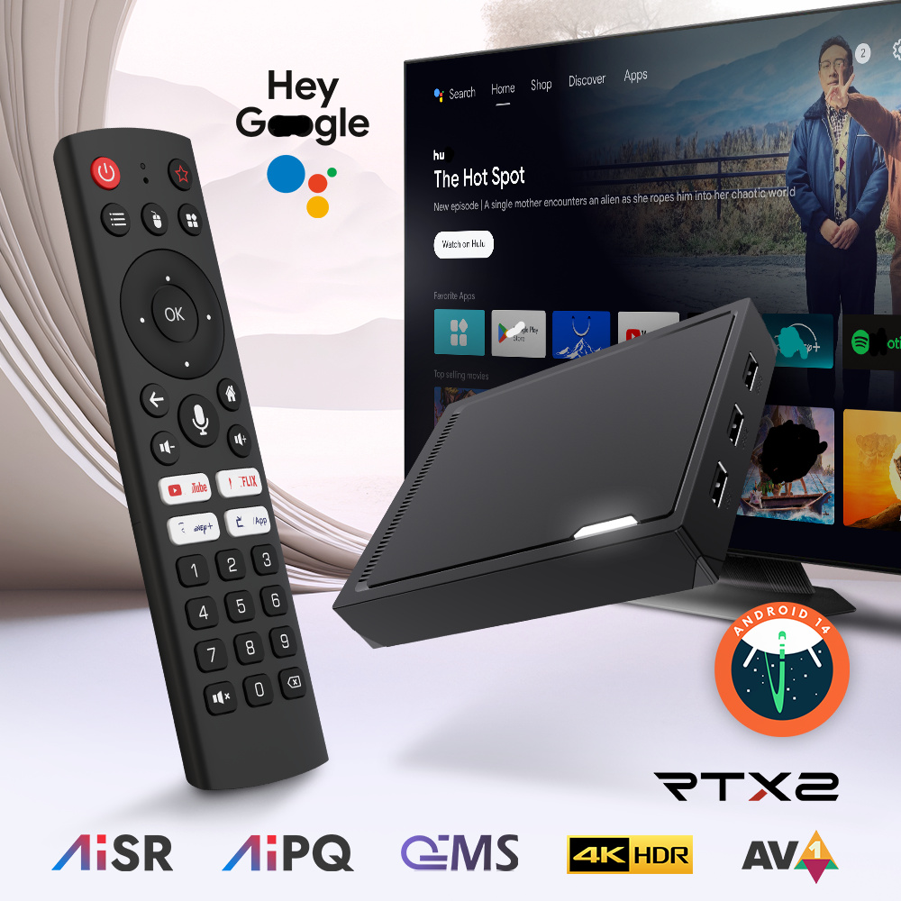 RT-X2 Android 14 TV Box Realtek1325 CPU Support AI-PQ AI-SR Set Top Box Android 14.0 1000M 2T2R Wifi5 BT5.2 Media Player