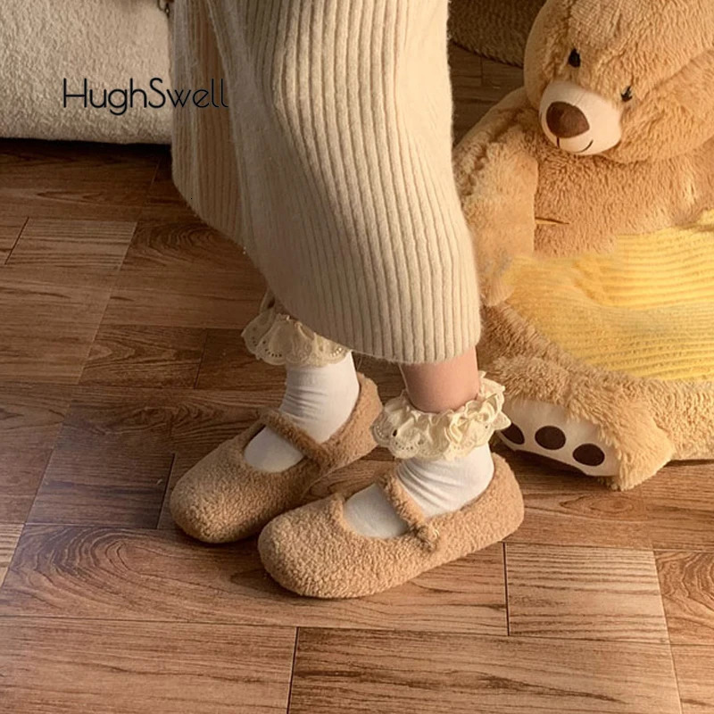 Fashion Round Toe Wool Ballet Flats Woman Concise Warm Plush Loafers Ladies Fluffy Mary Jane Shoes In Red Grey 251013