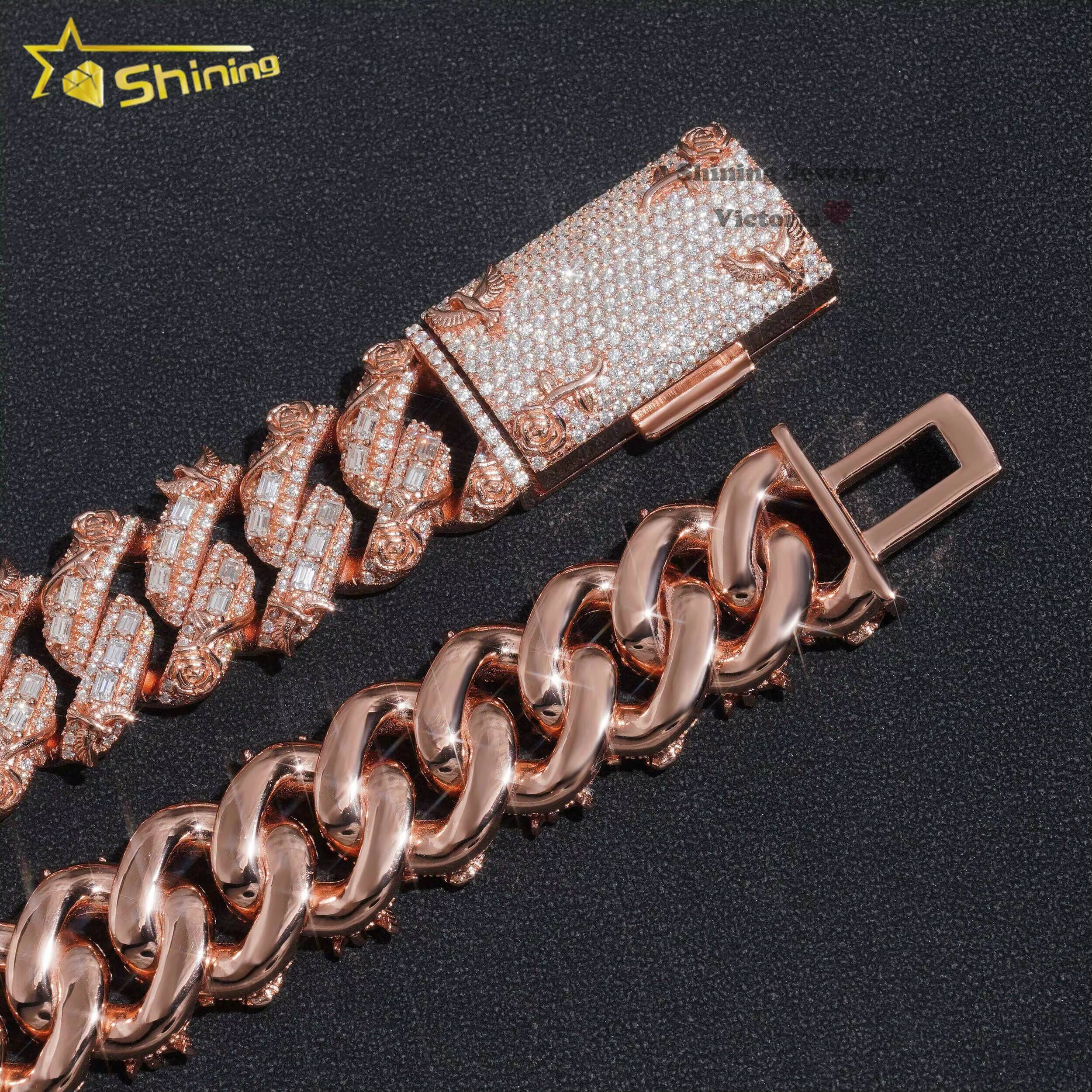 New Design Rapper Jewelry 20mm Rose Gold Bird Cuban Chain Sterling Silver Hip Hop Miami Vvs baguette Moissanite Cuban Link Chain