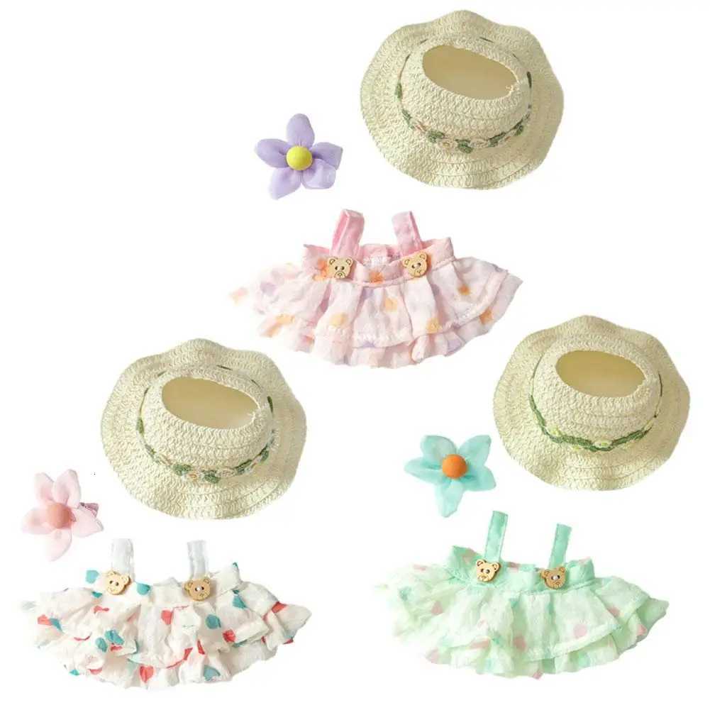 17cm Dolls Clothes For Labubu Summer Straw Hat Flowers Halter Dress Suit Cute Sweet Plush Toy Clothing Accessories For GiftT251018