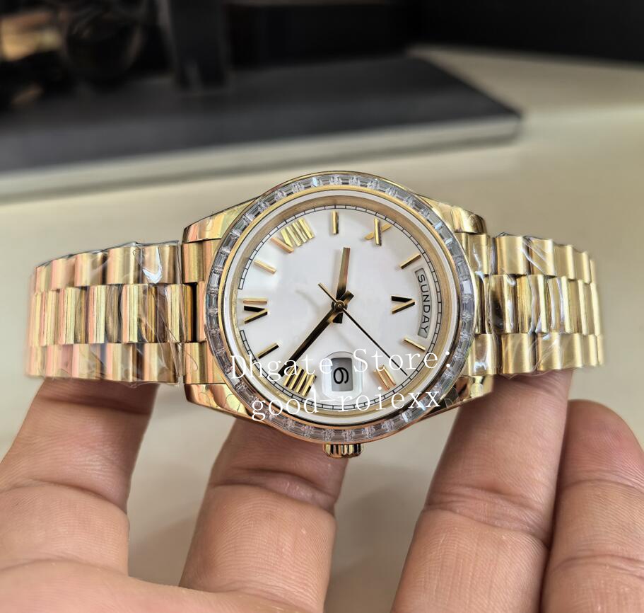 40mm Men Yellow Gold Watch Automatic 2813 Watches Men's Day Time Date Crystal Rectangle Diamond Bezel Gradient Green 228398 Wristwatches