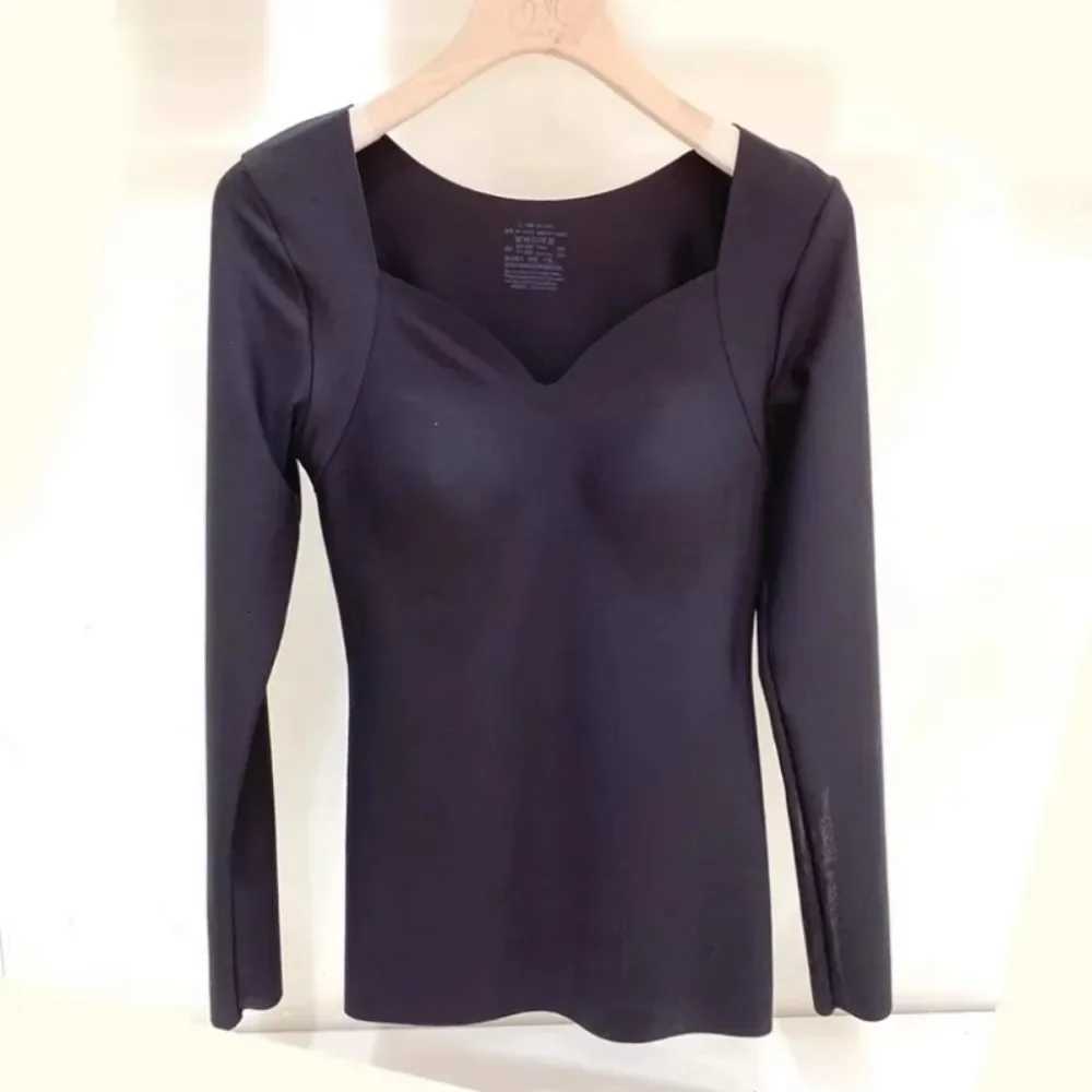 Winter Thermal Underwear Tops for Women Long Sleeve Sexy V Neck with Fixed Cup Warm Plush Lingerie Female Seamless Thermal Shirt T251018