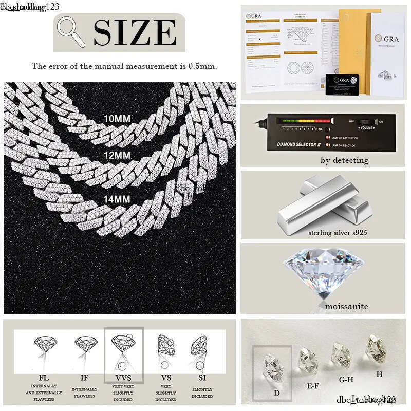 VVS Mossanite 2rows 8mm 10mm 12mm 14mm S Sier Dia Necklace Man Moissanite Hiphop Cuban k Chain