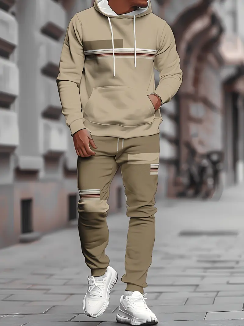 Men's Stripe Print Two Piece Cotton Tracksuit - Comfortable Hooded Jacket & Pants Set 2-3-2