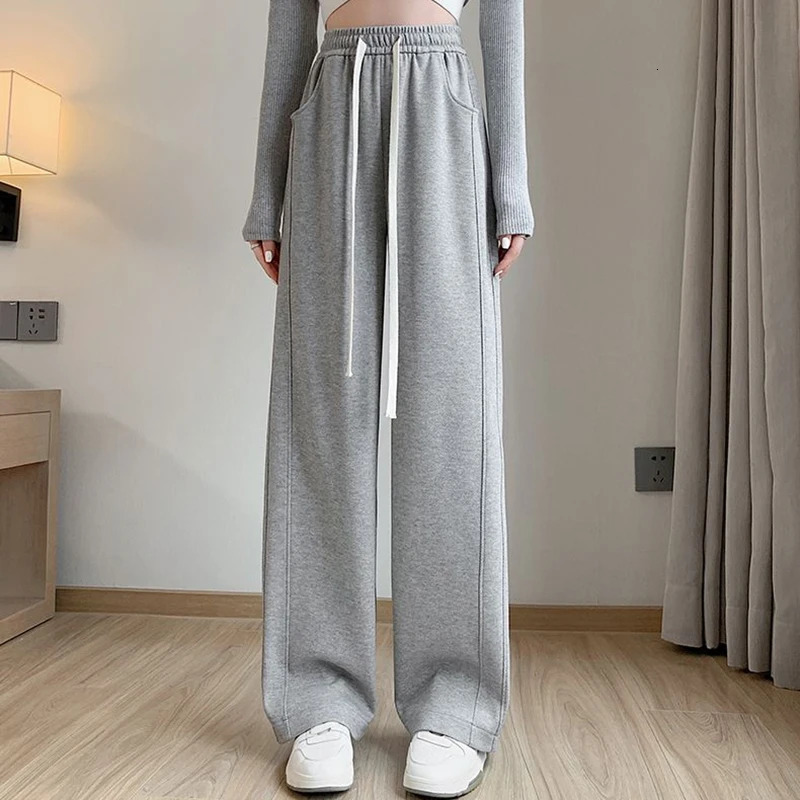 Women High Waisted Leisure Loose Pants Girls Casual Straight Leg Slacks Female Baggy Light Grey Khaki Beige Black Trousers 251017