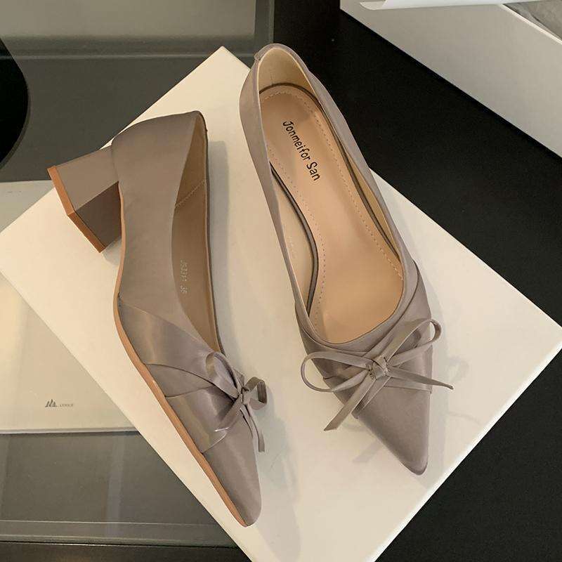 French Style Pointed Toe Single Shoes for Women, Chunky Heel 2025 New Designer Shoe Gentle Style, Elegant Bowknot Mid-Heel Shoes, High Heels