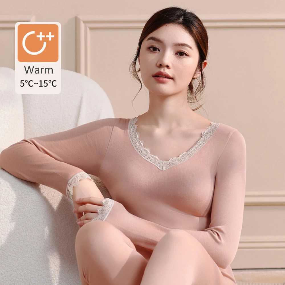 Womens Thermal Underwear Winter Clothes Lace Sheep Wool Acrylic Thin Slim Body Shaping Warm Lingerie Women Thermal Clothing Set T251018