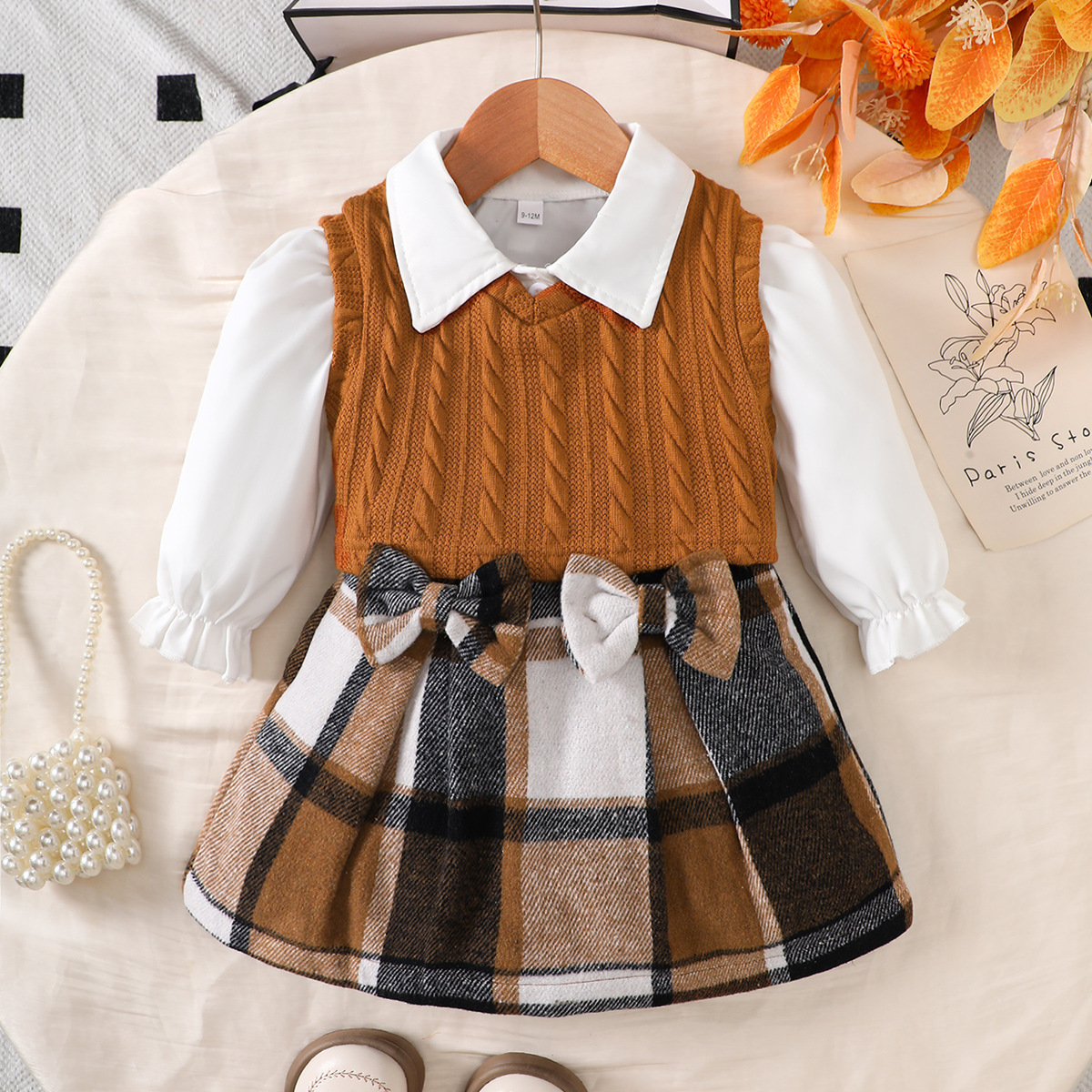 Baby Girl Winter Clothes Set Twisted Vest+White Blouse Shirts+Plaid Skirt 3pcs Kids School Outfit For Girls R251018