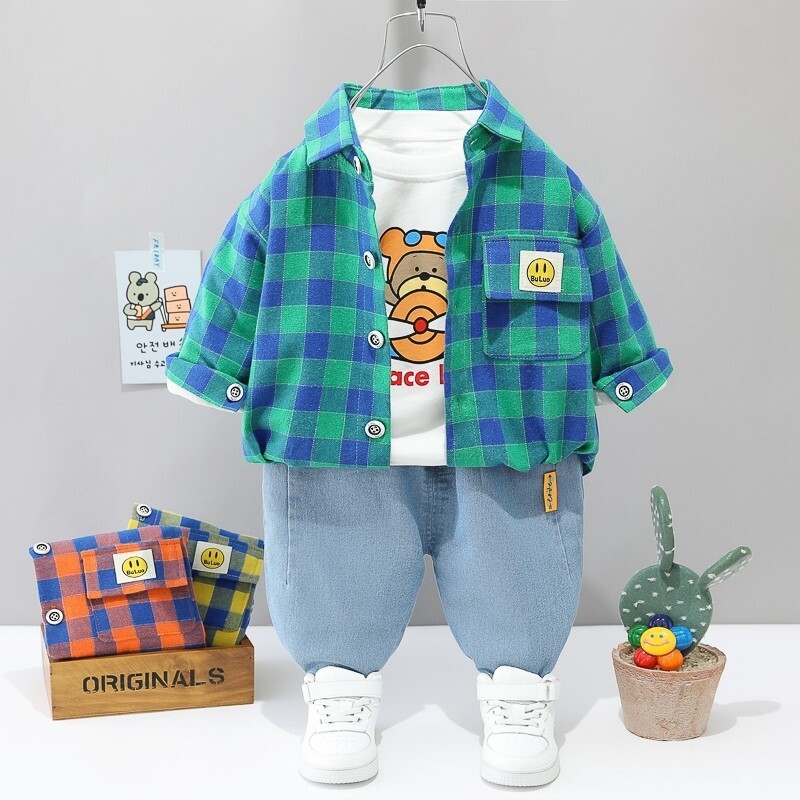 Children's outer set baby boys and girls spring and autumn clothing 1-4 years old foreign trade boys' checkered shirt denim three piece set