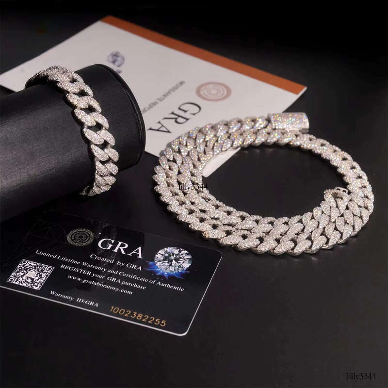 Hot Sale Moon Shape Hip Hop Jewelry Iced Out 12mm Sliver Lab Dia Moissanite Cuban Link Chain