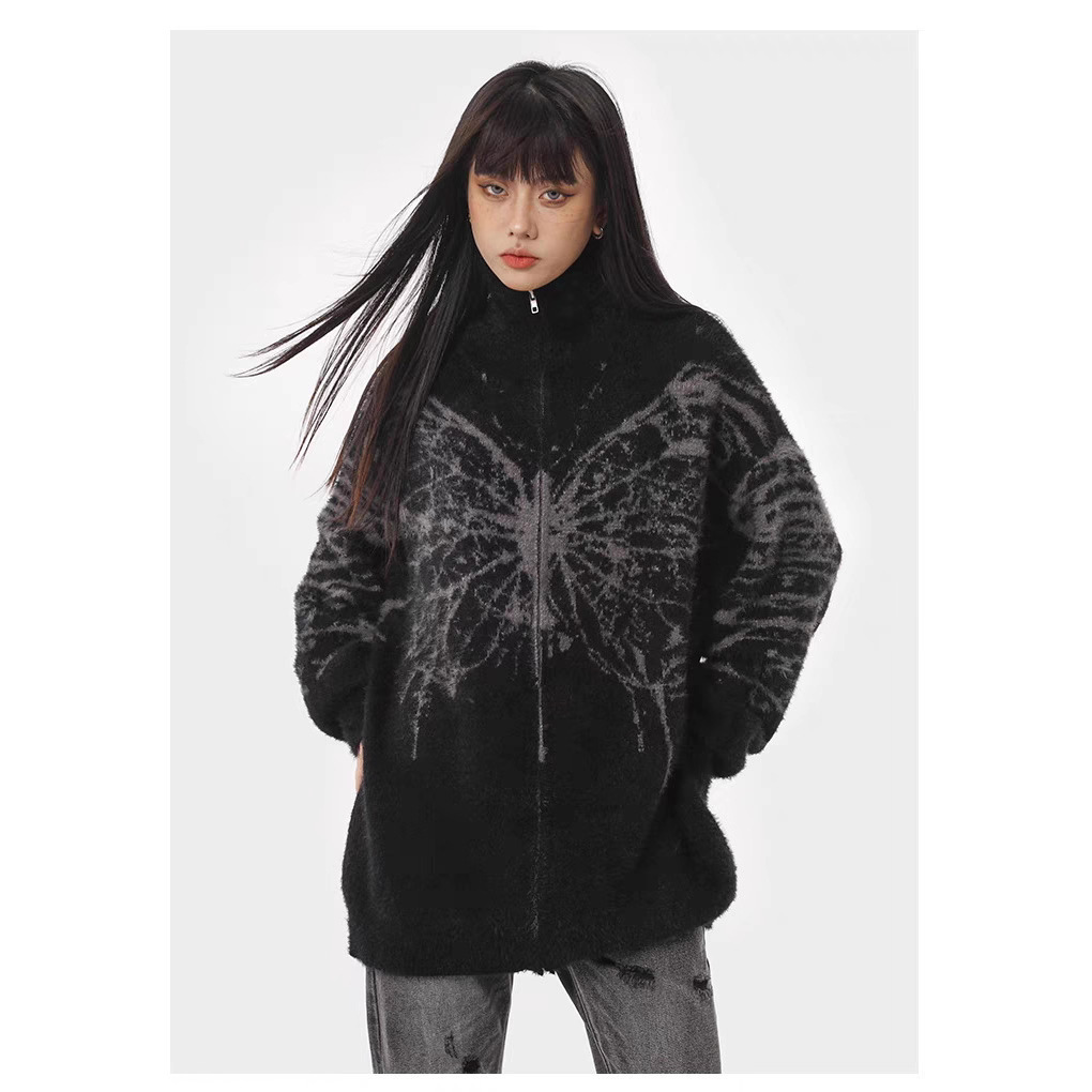 Harajuku Cardigan Coat for Women Fashion Black Gothic Clothes Pull Femme Y2k Tops Casual Zipper Korean Knitted Oversized Sweater 240808